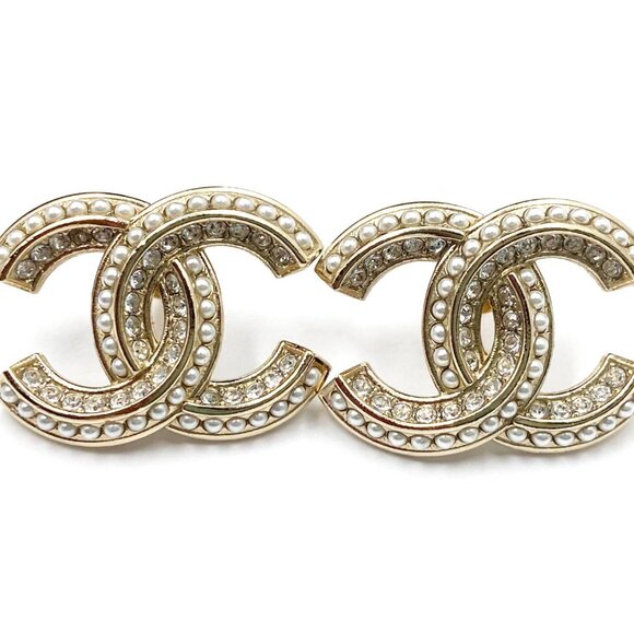 Chanel Classic Gold CC  Pearl Crystal Large Piercing Earrings - Picture 1 of 4